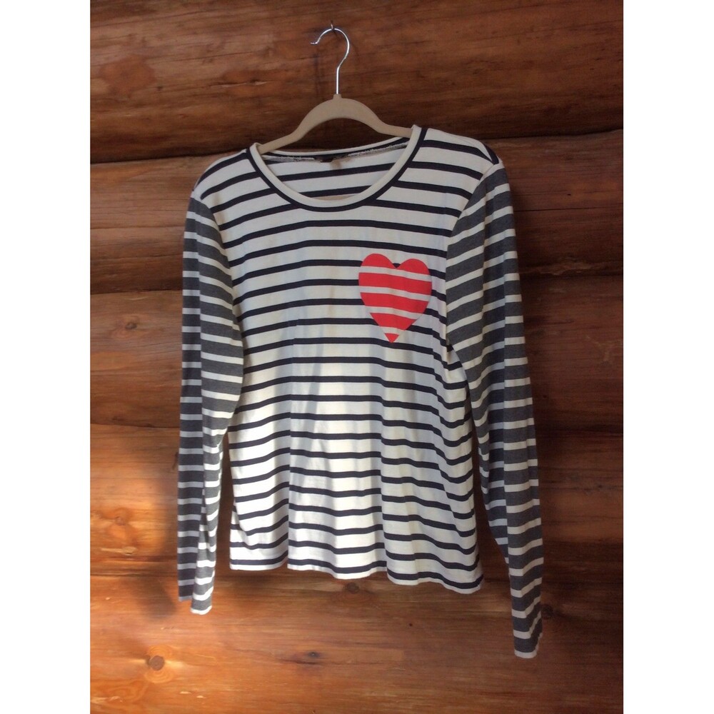 J Crew Parisian Striped Heart Detail Charming Long Sleeve Shirt Size Large